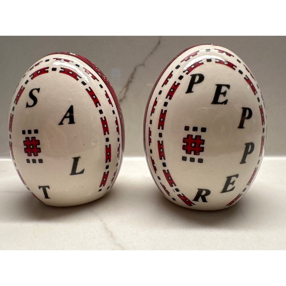 Vintage Ukraine Red and Black Patterned Egg Shaped Ceramic Salt Pepper Shakers